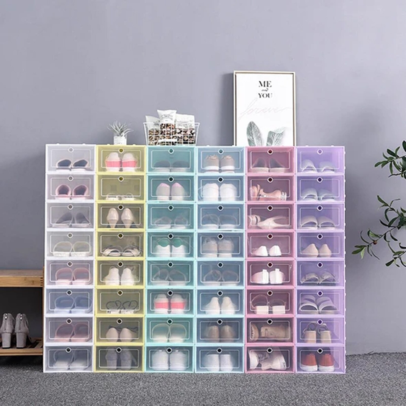 25#Shoe Hanger Plastic Shoe Box Stackable Foldable Shoe Organizer Drawer Storage Case With Flipping Clear Door Ladies Men