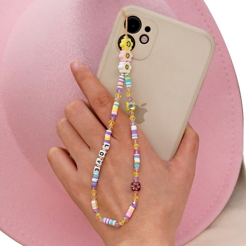 Mobiele Telefoon Strap Lanyard Kleurrijke Smile Pearl Liefde Brief Zachte Aardewerk Touw Voor Mobiele Telefoon Case Opknoping Koord Voor Vrouwen: B