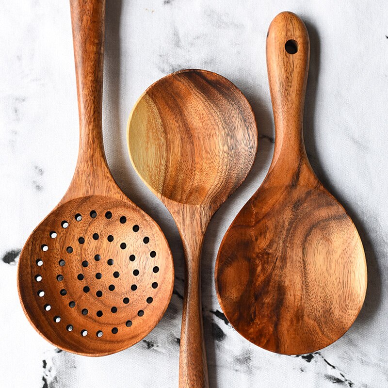Teak Wood Kitchen Spoon Rice Paddle Scoop Strainer Spoon Wooden Salad Mixing Serving Spoon Kitchen Wooden Utensils for Cooking