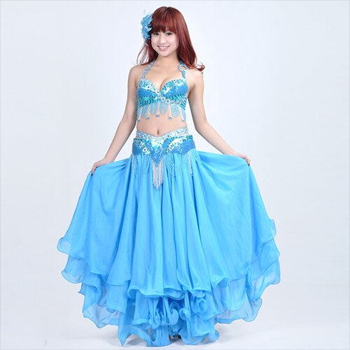 Ropa de baile de rendimiento, conjunto de danza del vientre, 2 uds., conjunto de traje de danza del vientre egipcio para mujer,: Sky blue