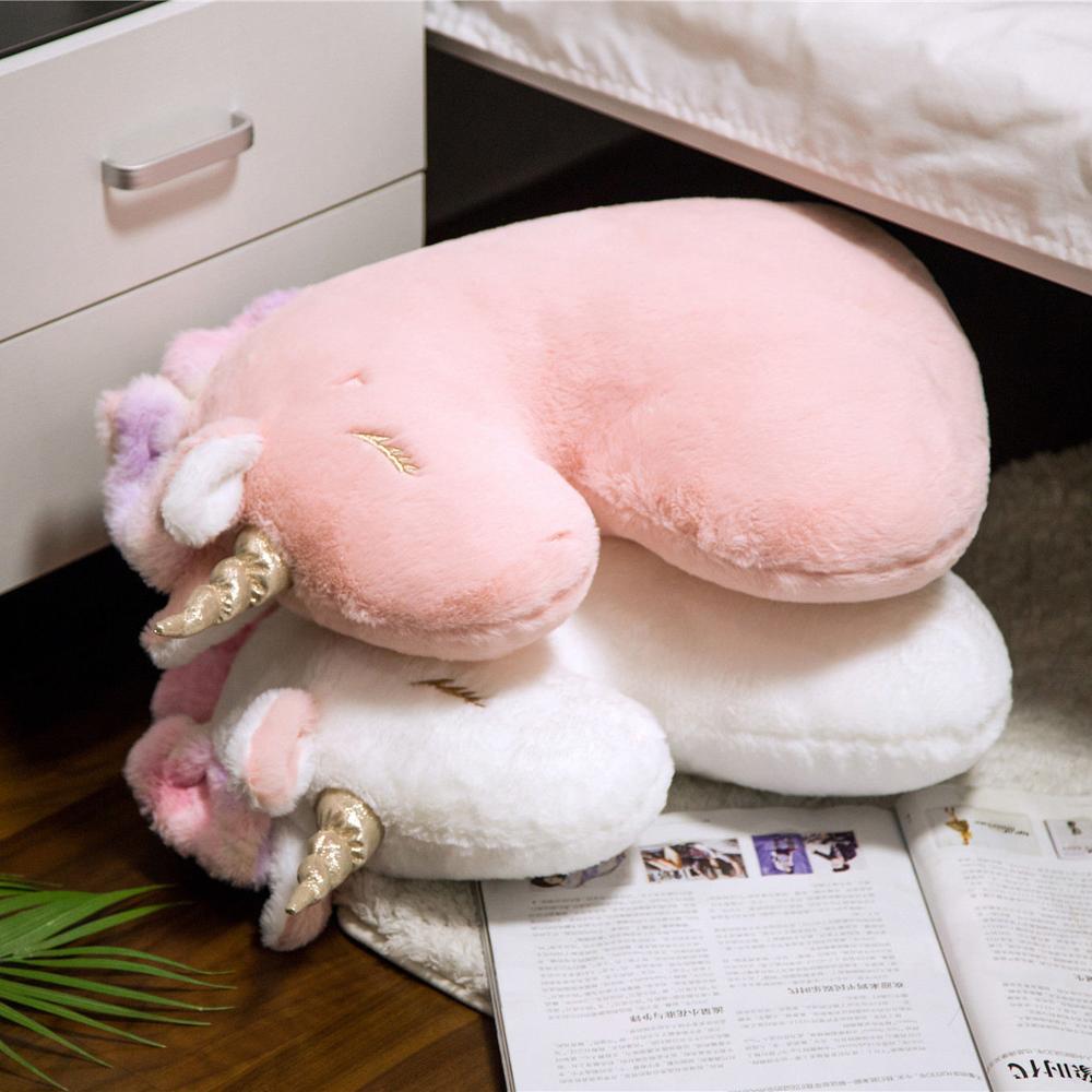 Adorable licorne tête en peluche oreiller flou doux en peluche Animal décor oreiller enfants lit lit jeter oreiller
