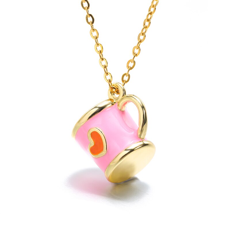 Nette Kleine Rosa Tasse Halskette Weißen Kragen Frauen Halskette Offizielle Schmuck Edelstahl Kette Halskette: N03722G-4