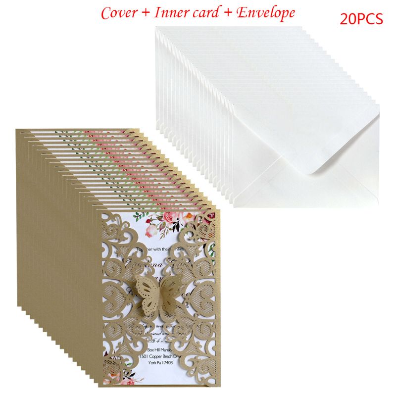 20 stk / sæt sommerfugl bryllupsinvitationer kort hule blonder glitter papir konvolutter brude brusebad fest forsyninger