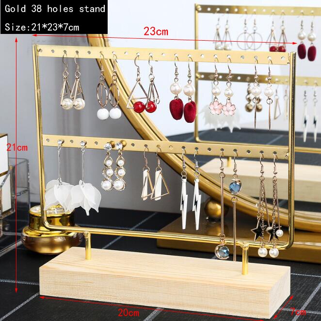 Earrings Stand Jewelry Display Earrings Holder Jewellery Storage Wooden Base Metal Ear Studs Pendant Rack: gold 38 holes