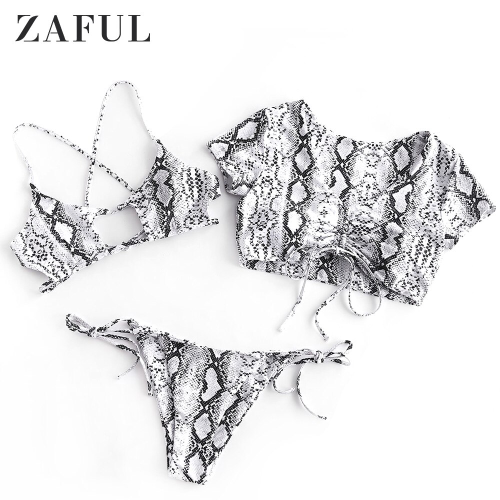 Zaful Luipaard Slangenhuid Cinched Uitsparing Tie Drie Stuk Badpak Sideanimal Print Uitneembare Snake Print Co Ord Bikini: White / S