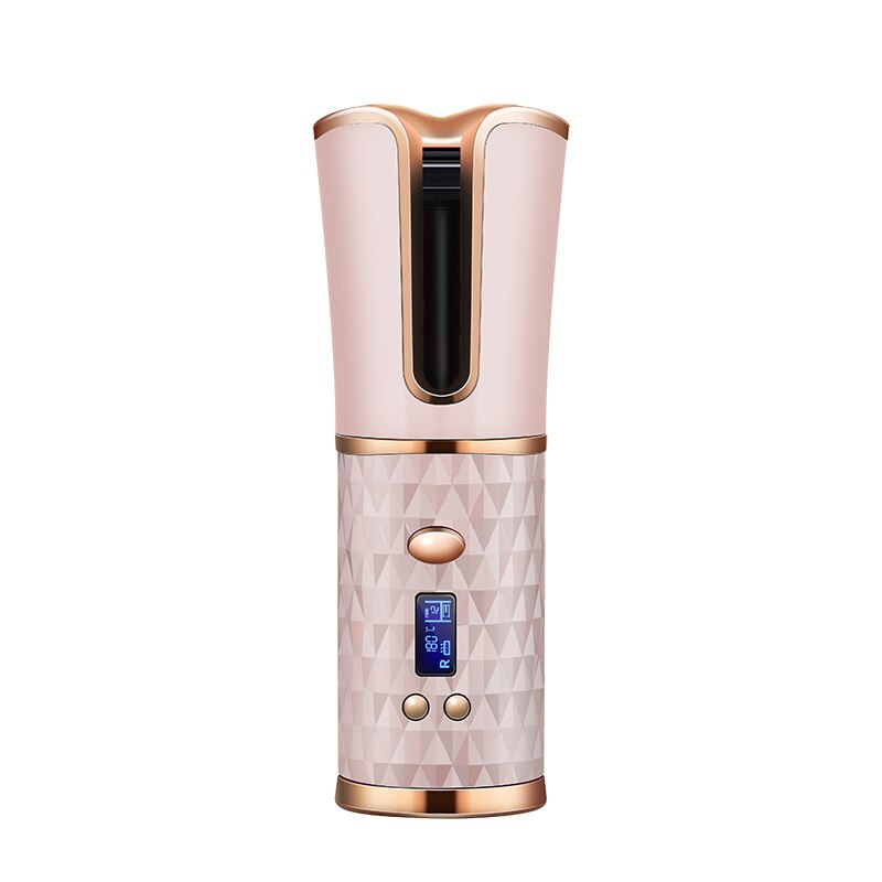 Rizador de pelo inalámbrico automático, plancha de cerámica giratoria, inalámbrica, recargable por USB, rizador Digital LCD: Dorado