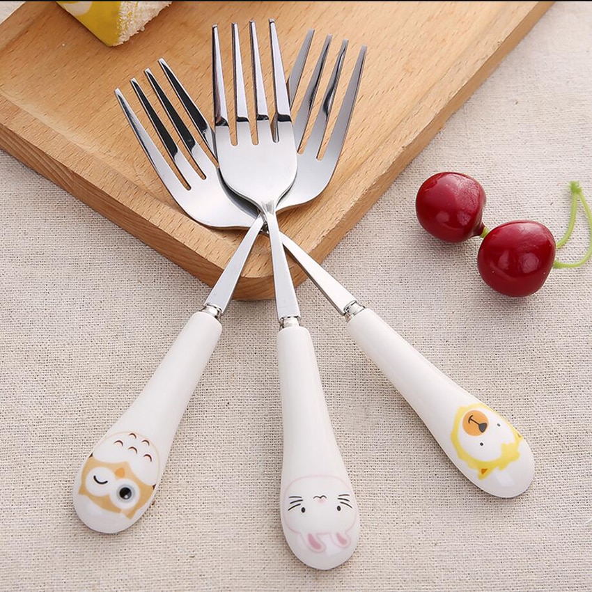Tenedor con dibujo de gato con mango largo de acero inoxidable, cuchara agitadora, fruta, tenedor, cuchara café, mango de cerámica, 1 ud.