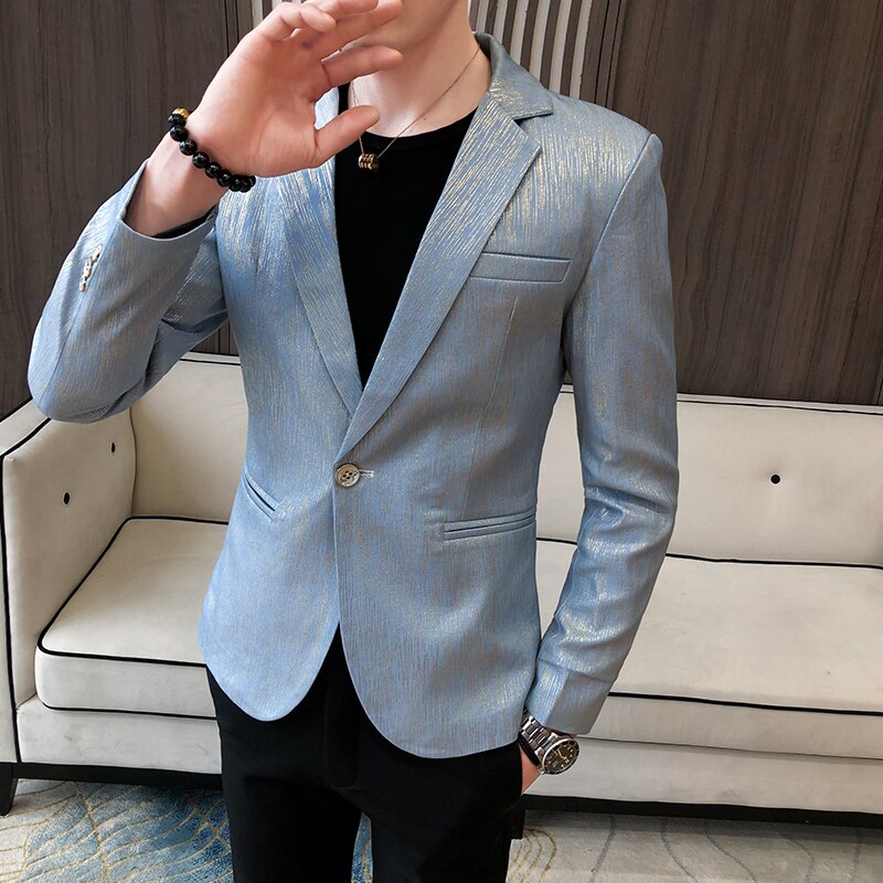 Stijlvolle pak blazer jas heren slim fit pak jas mantel heren blazer vintage england stijl roze heren blazer homme heren: Babyblauw / Koreaans l
