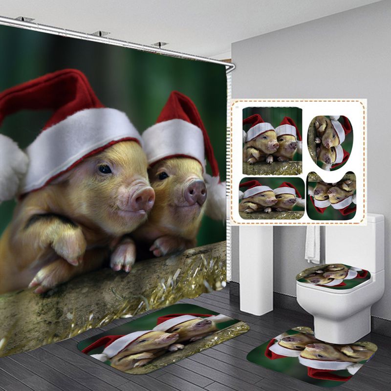 Kerst 3D Digitale Afdrukken Douchegordijn 4 Stuks Voor Thuis/Hotel/Party Decoratie 180*180Cm, wc Deksel Cover