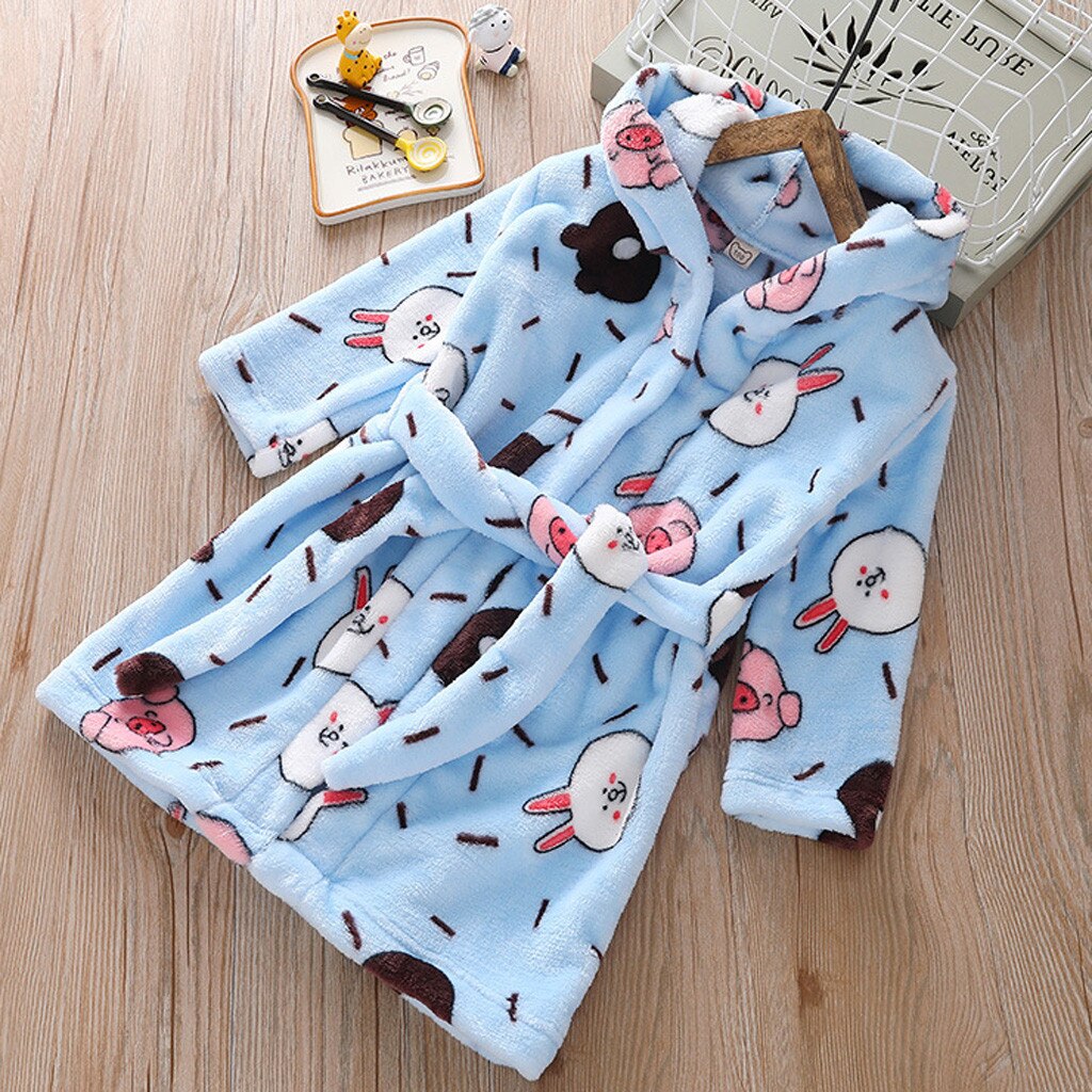 Winter Children Fleece Pajamas Warm Flannel Sleepwear Boy Girl Cartoon Hooded Bathrobe Towel Night-Gown Sleepwear Homewear 3-8Y