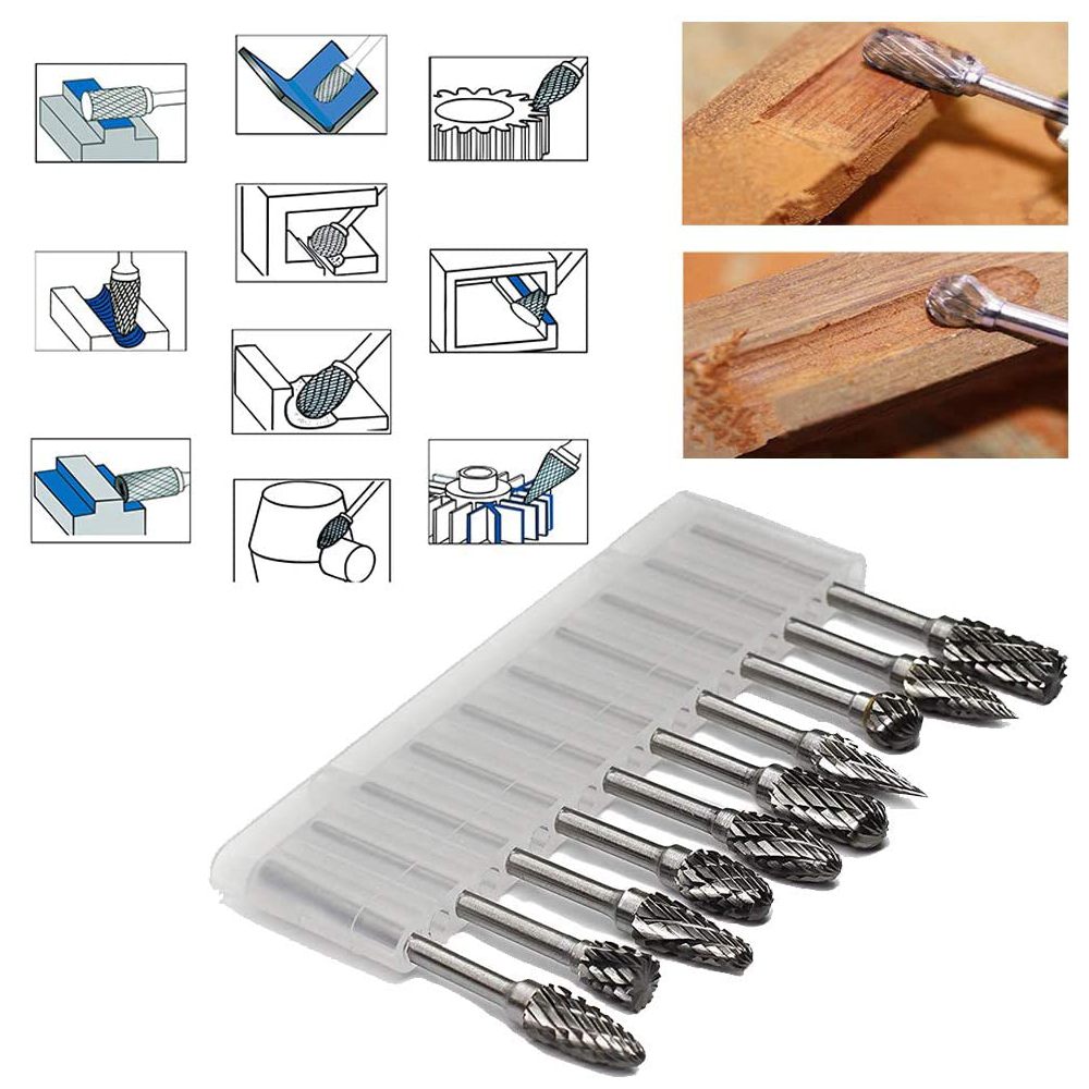 Rebaba rotativa de carburo de tungsteno, 10 Uds., brocas de tallado, herramientas Dremel de corte de diamante doble para tallado de piedra de madera, trabajo de Metal de acero