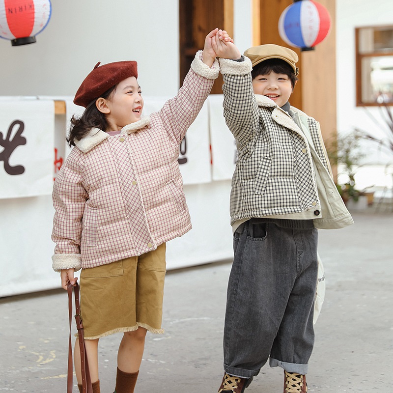 Chaqueta de plumón a cuadros para niño y niña, abrigo grueso con cuello de lana, traje de invierno cálido para la nieve, ropa para bebé de 2 a 10 años