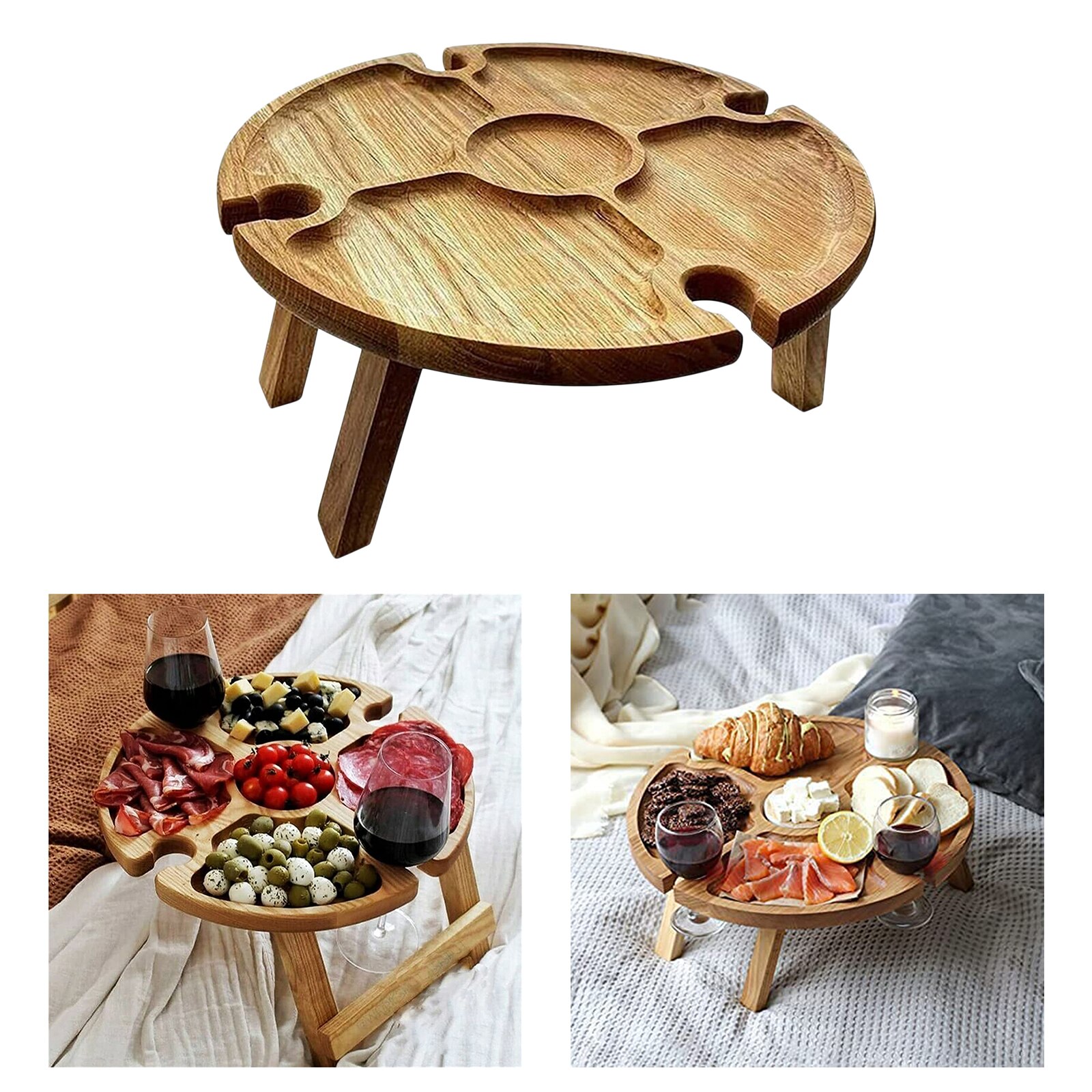 Wooden Outdoor Folding Picnic Table with Glass Holder, Outdoor Portable Picnic Table, 2in1 Wine Glass Rack &amp; Compartmental Dish