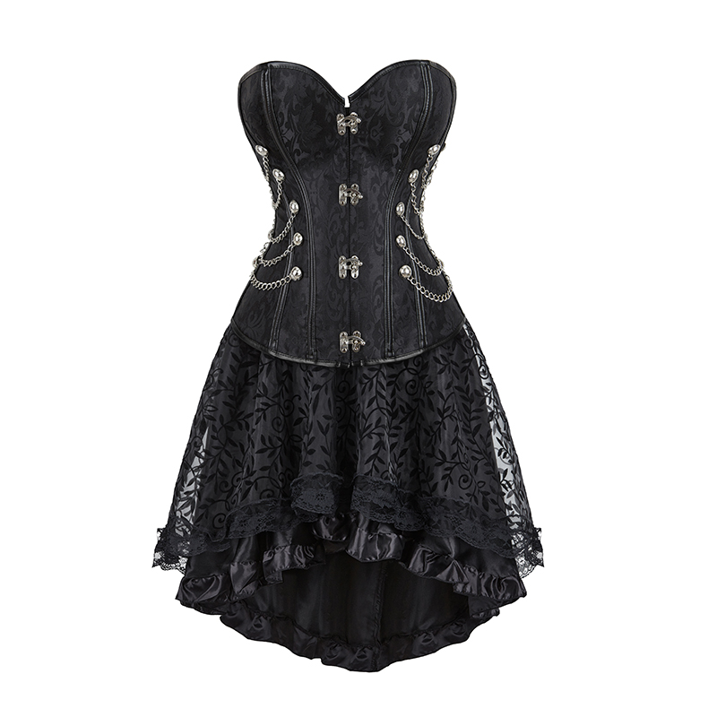 Brown Corset Dress Set Women's Steampunk Gothic Bustier Corset with High Low Skirt