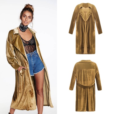 Abrigo de terciopelo con cuello de solapa para mujer, cárdigan de manga larga, prendas de vestir exteriores largas, gabardina informal de talla grande: Caqui / XXL