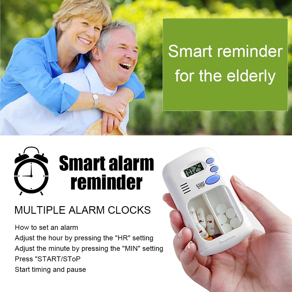 2 grid elektronisk timing kit bærbar intelligent påminnelsestimer for eldre pilleboks daglig oppbevaringsboks