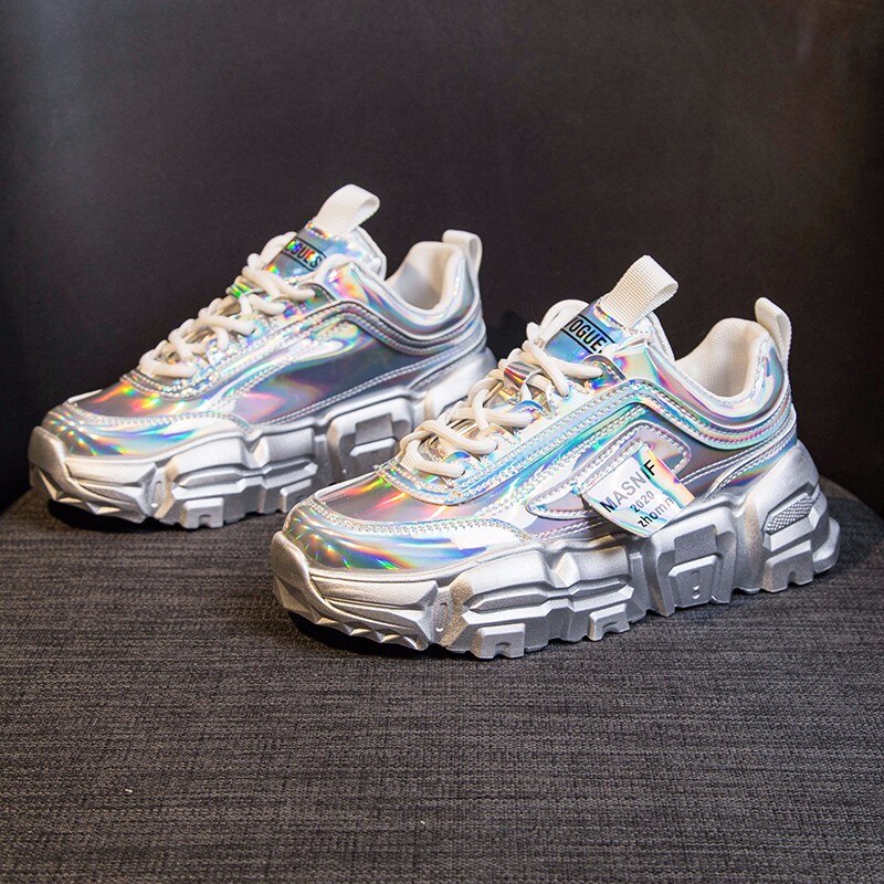 Våren kvinner plattform chunky joggesko sølv skinn designere snøring casual gammel far sko kvinne komfortable trenere: Sølv 2 / 35