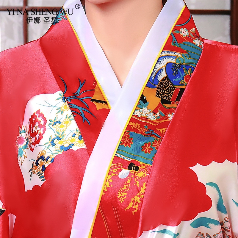 Kimono japonés mujer verano ropa de ocio Kimono Albornoz estampado de satén mujeres estilo largo traje de Cosplay japonés tamaño libre