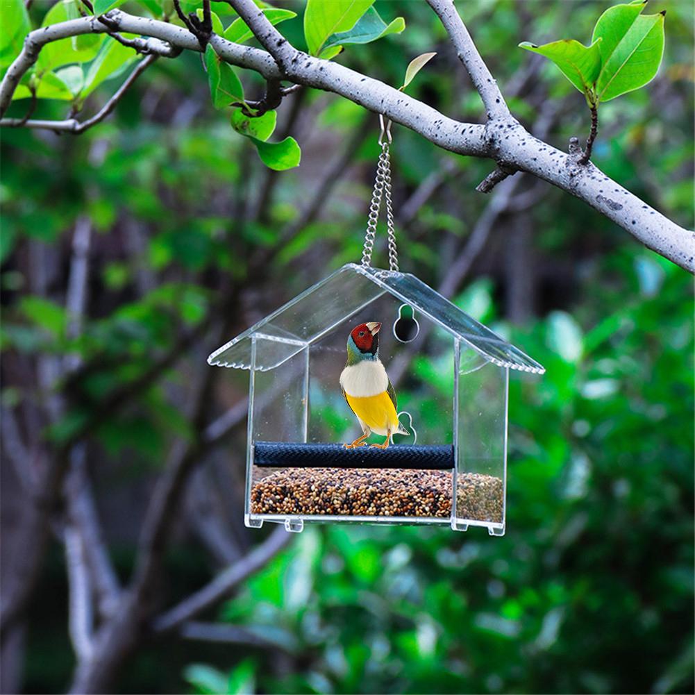 Hanging Bird Feeder House Shape Outdoor Acrylic Bird Feeder With Suction Cup Window Viewing Bird Feeder 2 Installation Methods