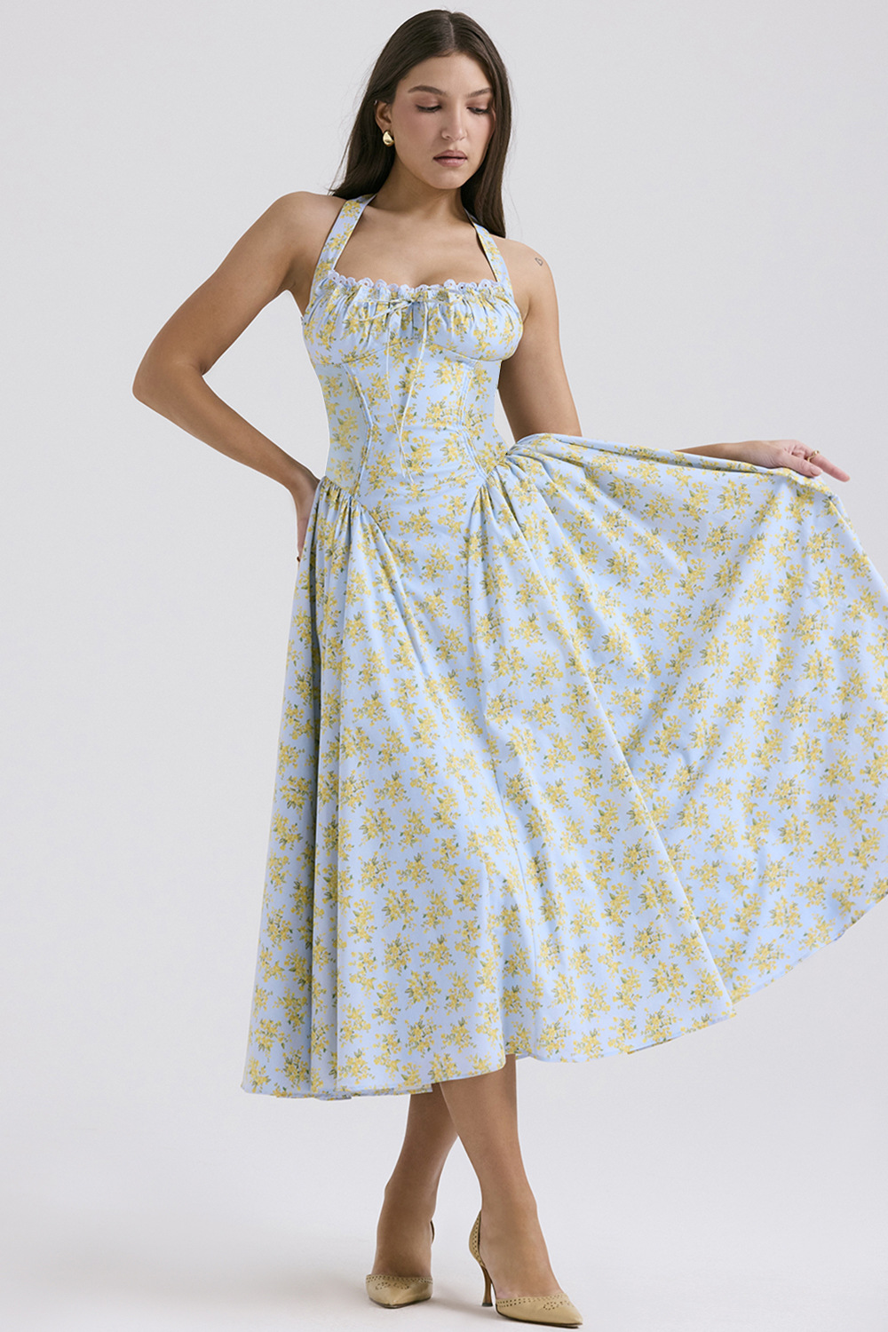 Vintage blomstret halterneck midi sommerkjole dame højtaljet pink blå sort rød kjole sommerkjoler kvinde fødselsdagskåbe: S / Orange