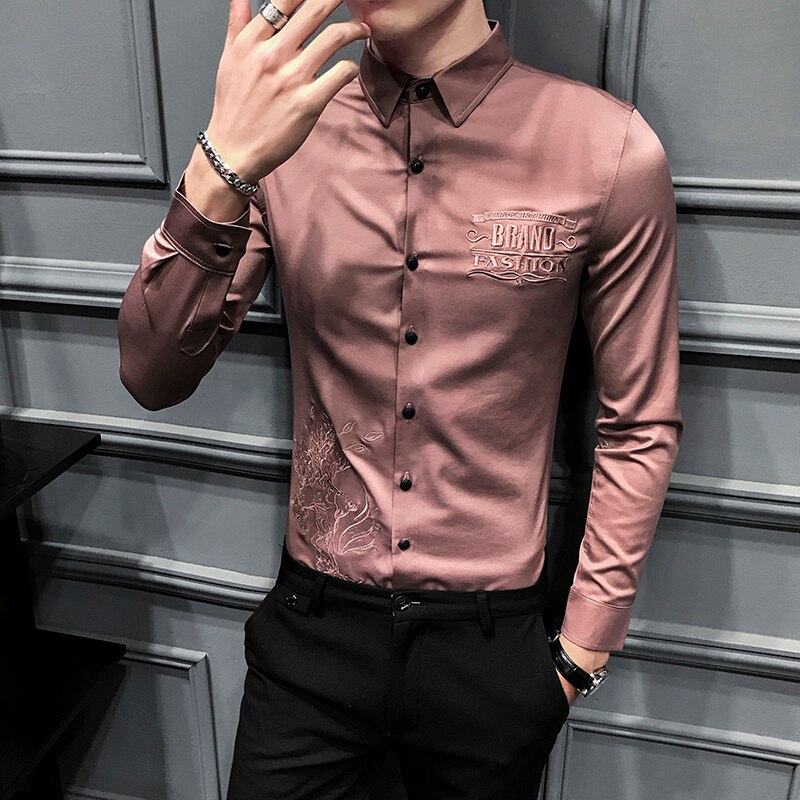 Forårs herreskjorte langærmet kjole skjorte broderi afslappet slim fit streetwear prom fest social smoking skjorte arbejdstøj: Rust rød / Koreanxxl 65-72kg