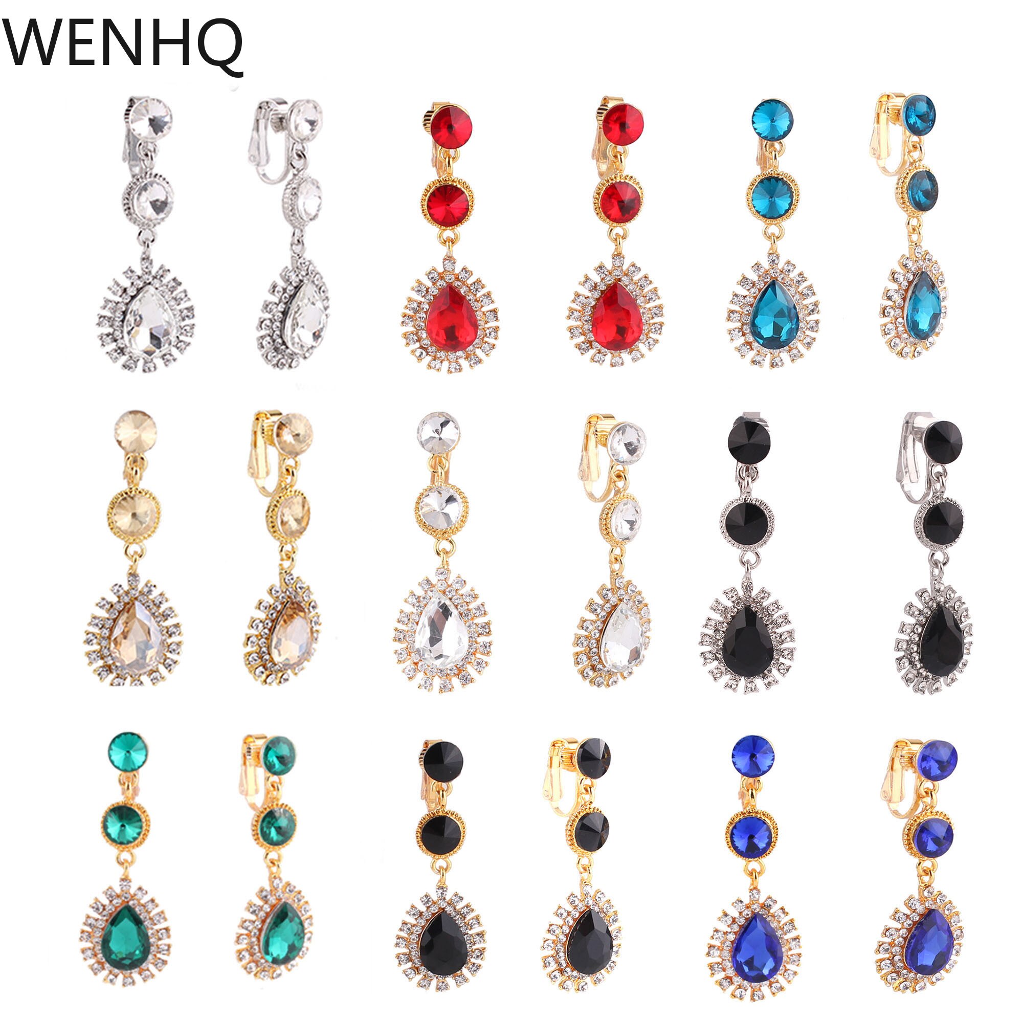 Wenhq 12 Kleuren Hoogwaardige Rhinestone Crystal Tear Shape Clip Op Oorbellen Geen Doorstoken Voor Vrouwen Bruiloft Geen gat Oor Clip