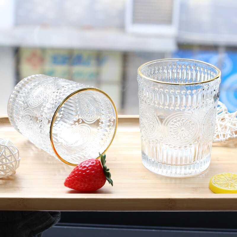 Nordisk retro relief solblomst glas vandglas vin juice mælk morgenmad guld indrammet glas