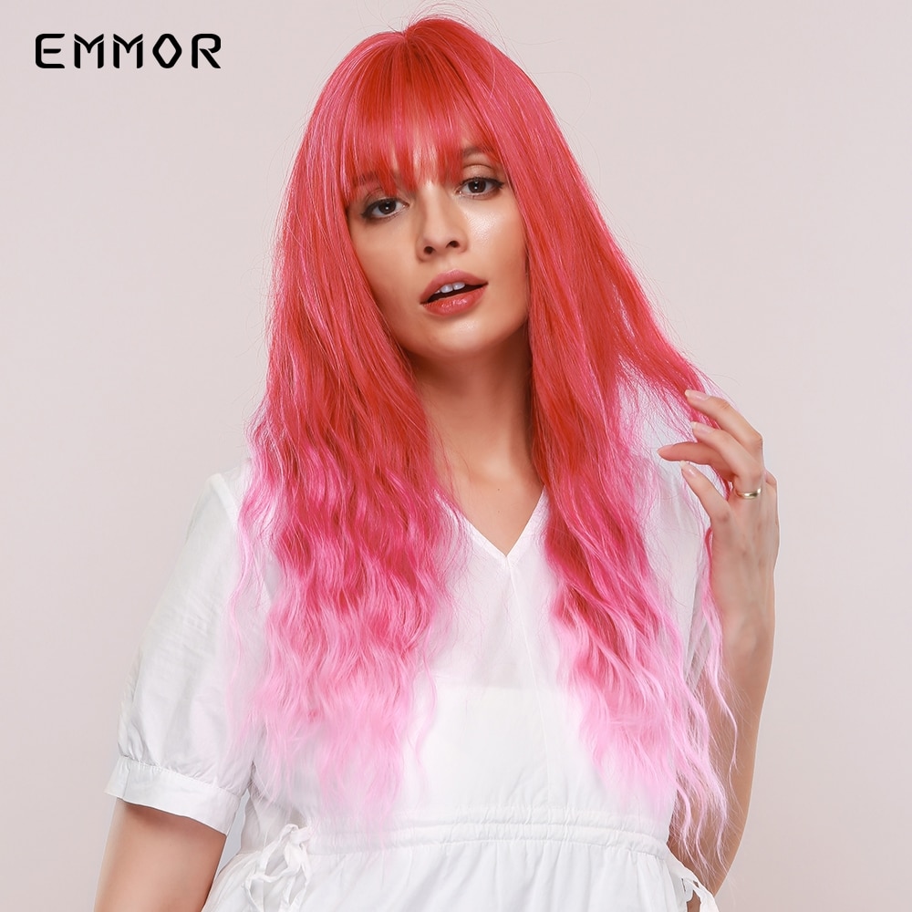 Emmor lange roze ombre watergolf synthetische haarpruiken met pony, hoge temperatuur vezel, kleurrijke cosplaypruik voor coole meiden