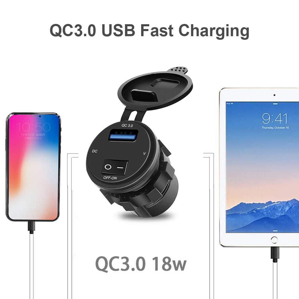 KEBIDU – Chargeur de voiture USB 3.0 avec voltmètre, prise avec affichage numérique et bouton marche-arrêt, charge rapide, parfait pour moto,