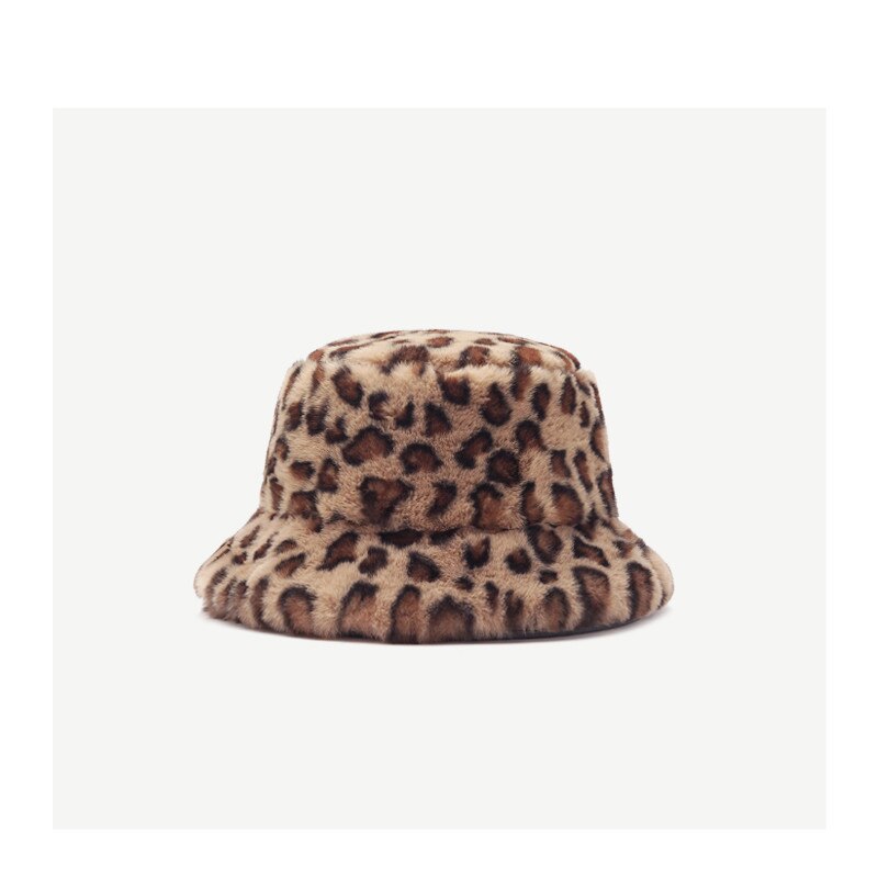 Efterår vinter vintage pels leopard spand hat tyk varm bob til kvinder piger japansk panama udendørs rejse fisker hat: Leopard print