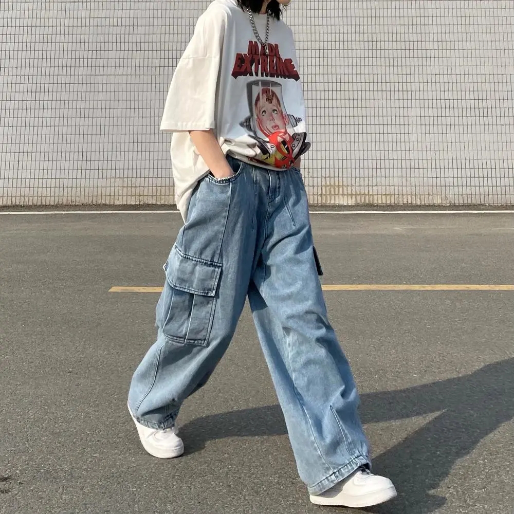 Streetwear Vintage Cargo Jeans Women Big Pocket Wide Leg Jeans Hip Hop Plus Size 80kg Denim Pants Man Blue Black Baggy Trousers