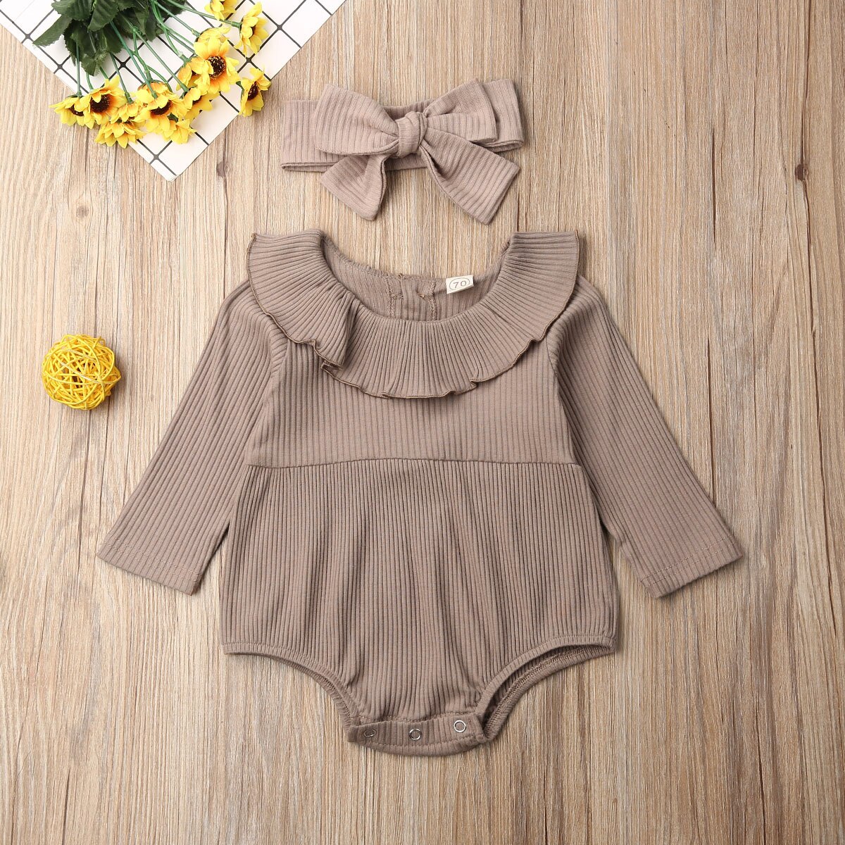 Vêtements pour bébés filles, vêtement de printemps et automne, combinaison à volants tricoté à manches longues, couleur unie, ensemble + bandeau,