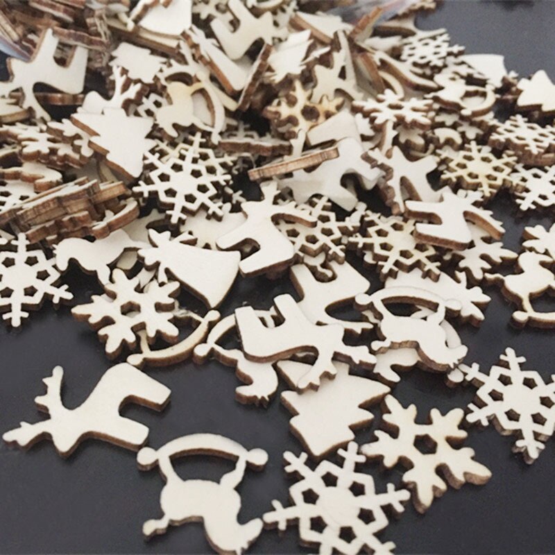 50pcs Natural Wood Christmas Ornaments Pendant Hanging Reindeer Tree Snowflakes Xmas Year Decor Home Decoration 62854