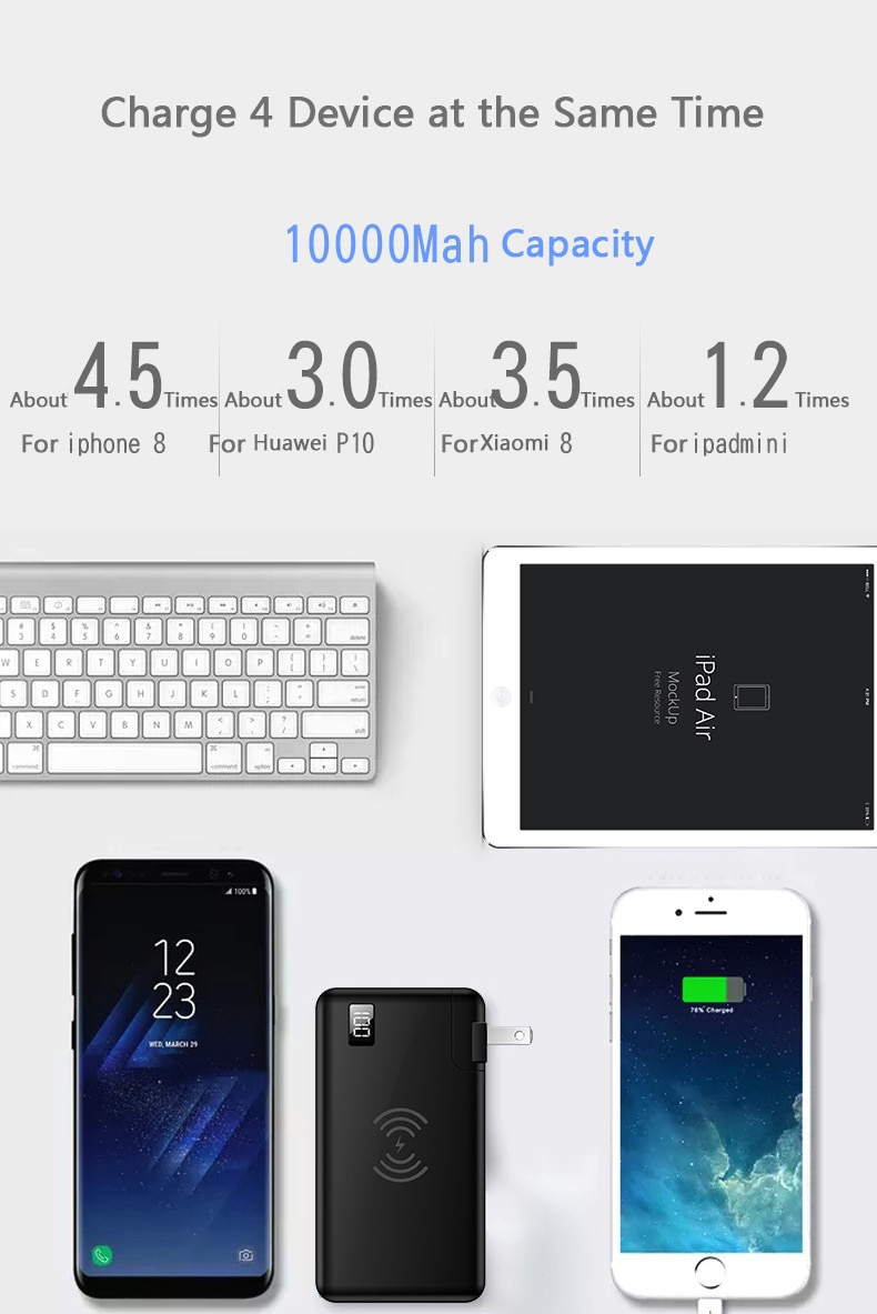 10000mAh Power Bank Wireless QC3.0 Charger Fast Charging Powerbank Mobile Phone Charger for Samsung iPhone 8 Poverbank with Plug