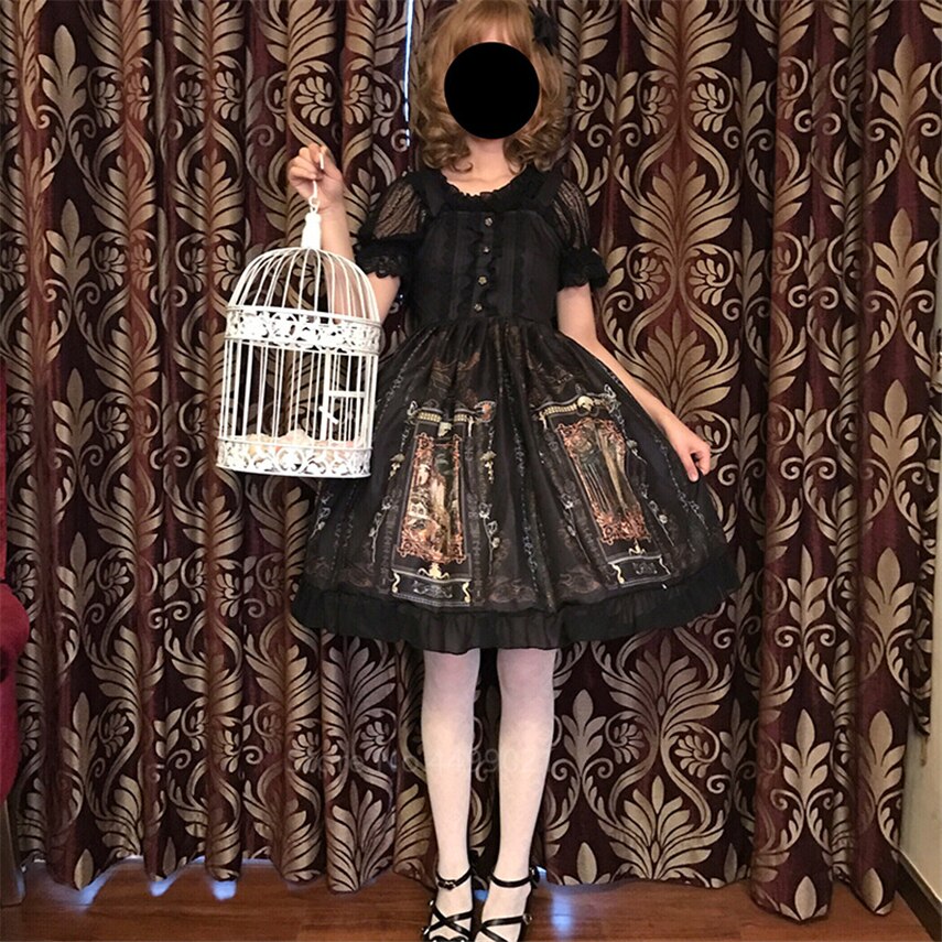 Gootti lolita mekko nainen vintage kawaii sifonki palatsi prinsessajuhla lyhty hihassa painettu söpöt cosplay-asut