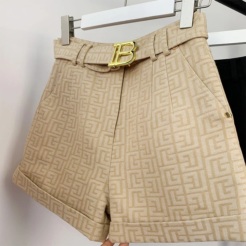 5 Colors for Option Pink Texture Washed Denim Shorts for Women with Belt Casual Style Jeans Trousers: XXL / Khaki