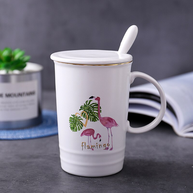 Tegneserie flamingo keramik kop nordisk stil guld kaffekop med låg med ske krus simpel kontor kaffe mælkekop: C