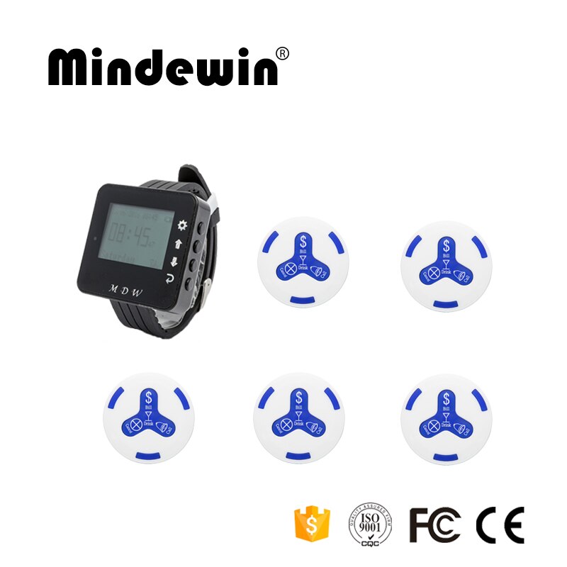 Mindewin 1pc Watch Wrist Receiver + 5pcs Call Button Pager Wireless Restaurant Pager Calling System Restaurant Call Equipment: Blue