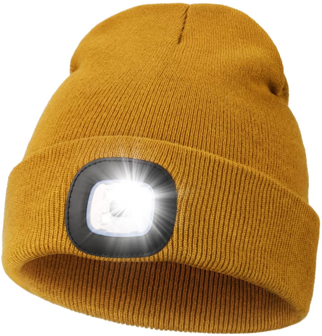 LED Mütze Mütze mit Licht unisex USB wiederaufladbare Lampenhüte Freisprecheinrichtung Stirnlampe Mütze Winter Gestrickte Nachtlicht Mütze Taschenlampe: Natur Gelb
