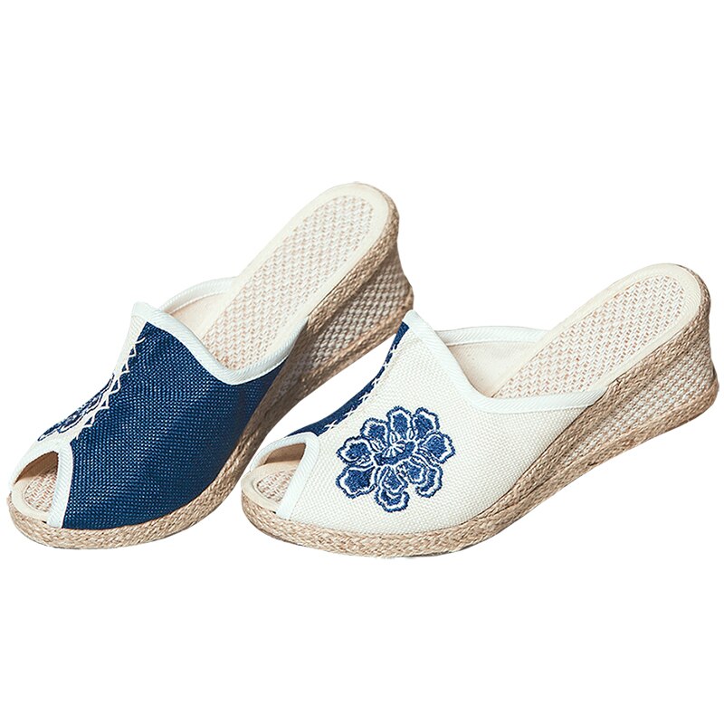 Veowalk håndlavede kvinder linned bomuld kile glider tøfler komfortable 6cm hæl kigge tå espadrilles glidere sommer damesko