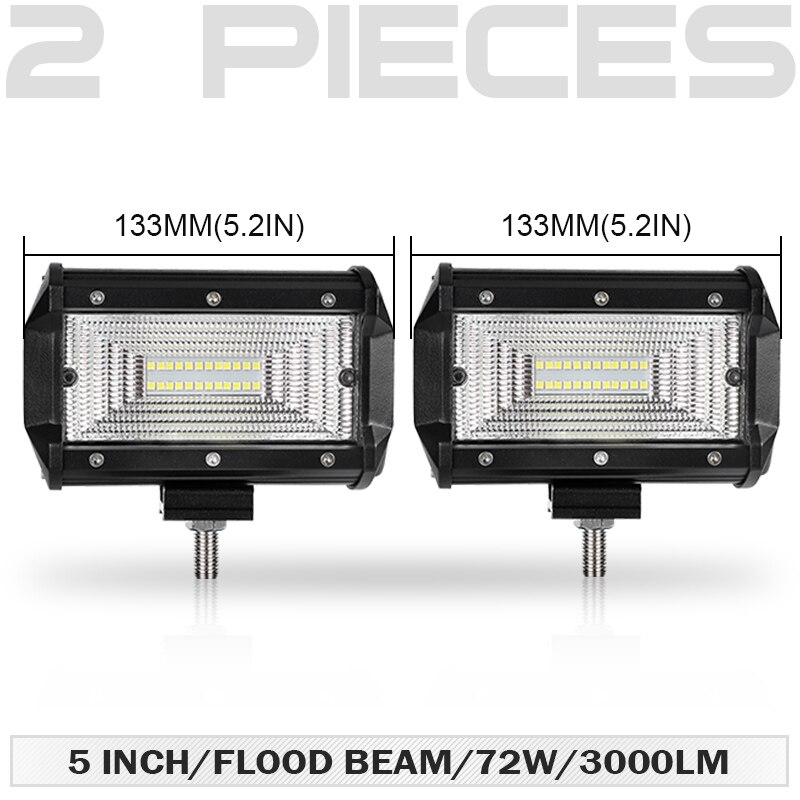 RACBOX Pair 5 inch 72W LED Work Light Bar Flood Wide Spot Combo Beam 12V 24V Off Road Truck ATV SUV Boating 4X4 Driving LED Bar: 2 x Flood Beams