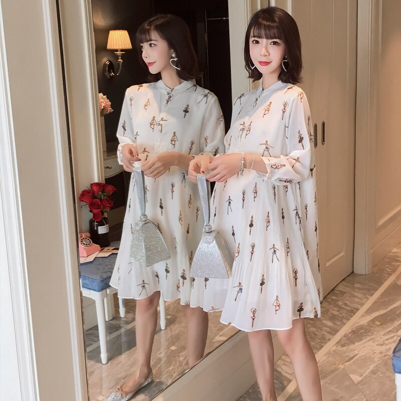 Robe de maternité plissée en mousseline de soie pour femmes enceintes, ample, imprimée, longues Blouses de grossesse, printemps et automne