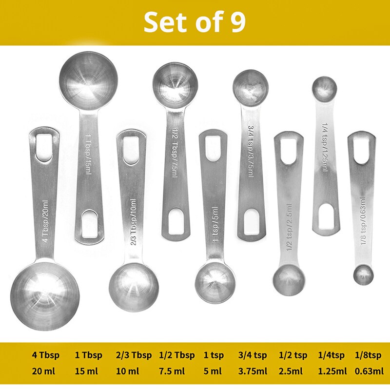 Ensemble de cuillères-mesure en acier inoxydable, ustensiles de mesure lourds pour la cuisine et la cuisson à la maison, pour faire des gâteaux: Set Of 9