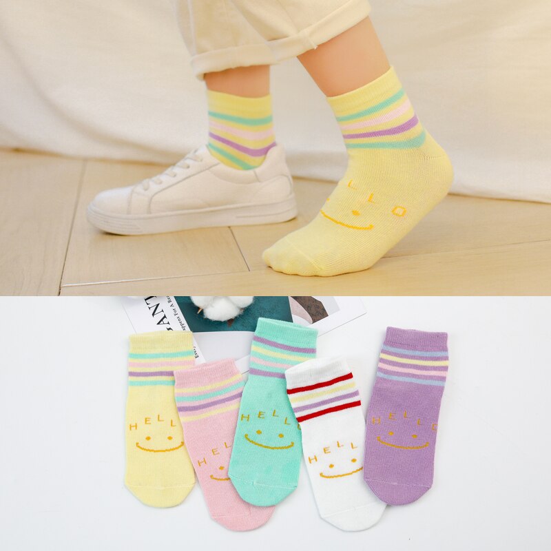 Kleurrijke Kinderen Sokken Katoen Half Lengte Jongens &amp; Meisjes Sokken Mode Bloem Patroon Kids Sok 1 Lot = 5 Pcs: smile A / 10-12T