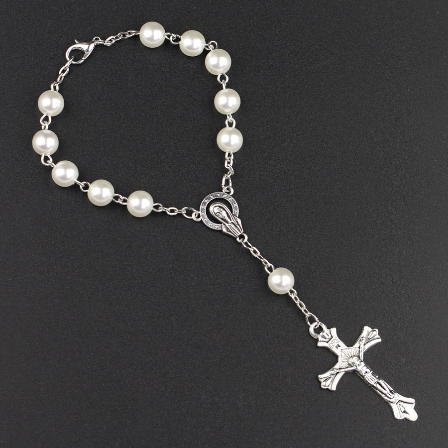 12 stks/partij 8mm Wit Gesimuleerde Parel Kralen Religieuze Katholieke Rozenkrans Armbanden Vrouwen Kralen Armband Sieraden