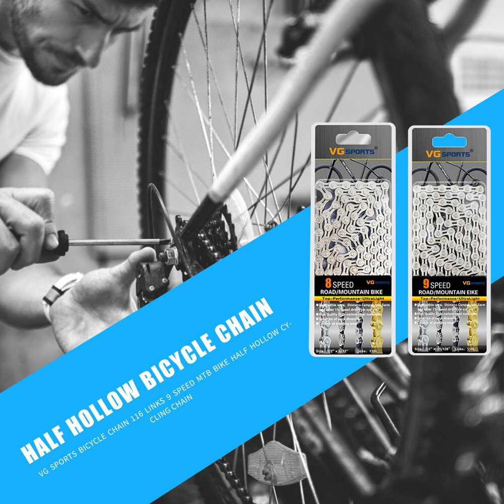VG Sports Bicycle Chain 8 9 10 11 Speed Bicycle Chain Ultralight Bike Chain 116 Links MTB Road Bike Half Hollow Chain Bike Tools