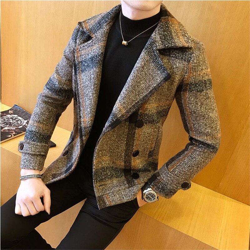Mannen Wollen Jas Winter Double Breasted Windjack Mode Retro Tartan Jassen Man Slim Fit Korte Jas Geul 5xl: Asia 3XL 73-80kg / Gray