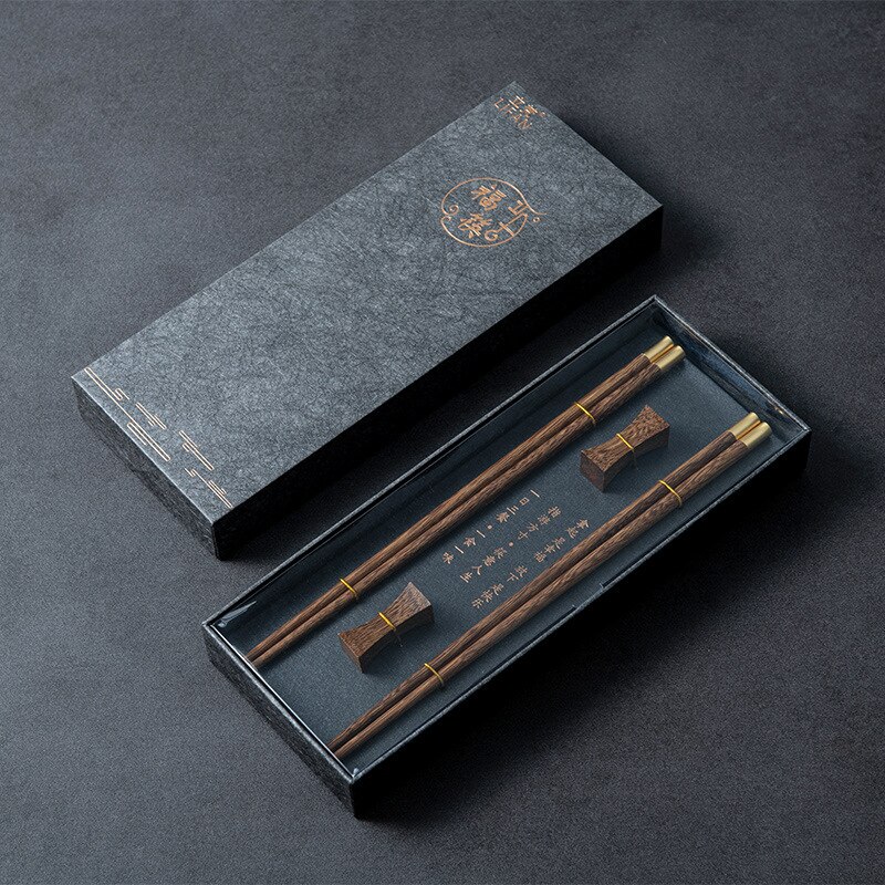 VIP Boutique Box 5 Pairs Red Sandalwood Chopsticks 5PCS Chopstick Rest Solid Wood Pure Copper&quot;FU&quot; Chopsticks Top: 2Pairs Wenge wood