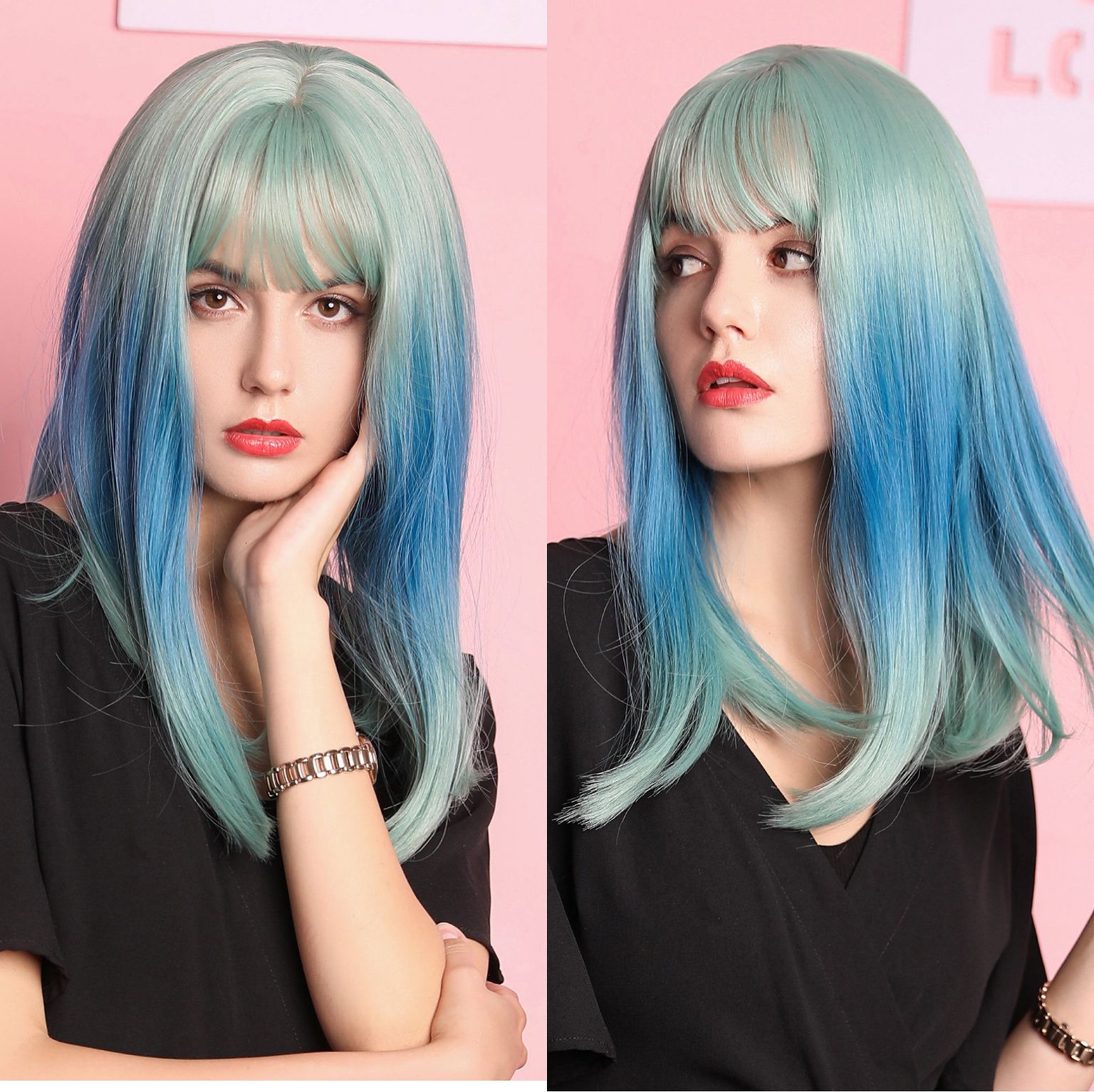 element krótki prosto pion peruki z grzywką Ombre czarny do herbata mleczna kolor peruki syntetyczne dla białych/czarnych kobiet: lc211