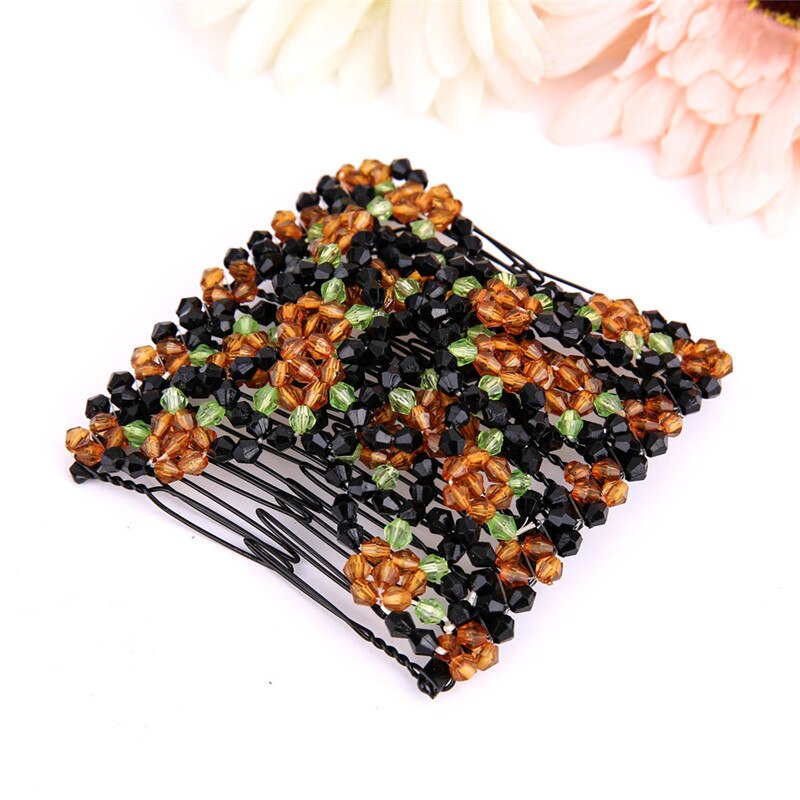 Accessoires de coiffure de dames perles magiques élasticité Double peigne à cheveux pince accessoires de coiffure extensibles: Coffee